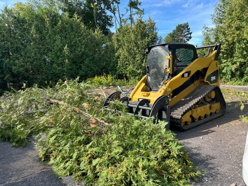 Skid steer with a grapple gathering a pile of cut brush